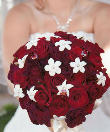 Red roses and white stephanotis bridal bouquet