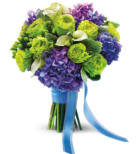 Green garden roses purple hydrangea and mini white callas make up this 