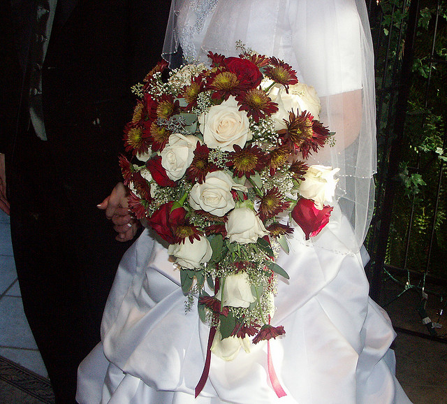 Red Daisy and White Rose cascading bridal bouquet