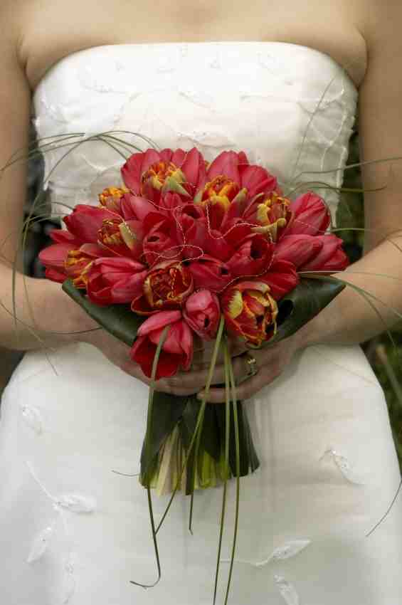 Gorgeous red parrot tulip bouquet for the bride