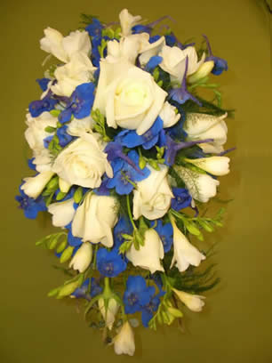 A small trailing bouquet in blues and whites White roses blue belladonna