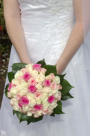  light pink and dark pink roses Big green leaves frame the entire bridal 