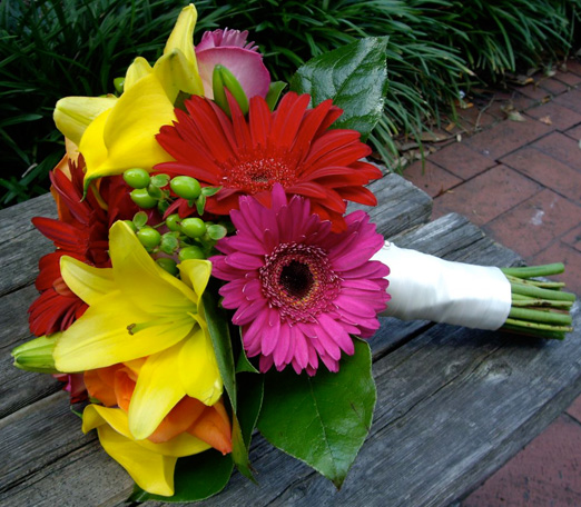 Colorful Bouquet of Red and Hot Pink Gerbera Daisies Yellow Asiatic Lilies