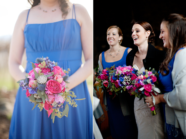 I used silver brunia dusty miller anemones in purple and hot pink 