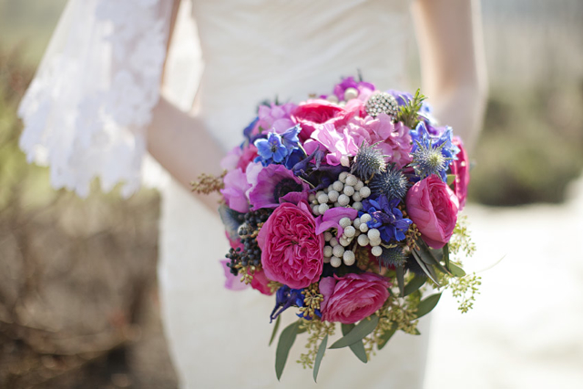 I used silver brunia dusty miller anemones in purple and hot pink 