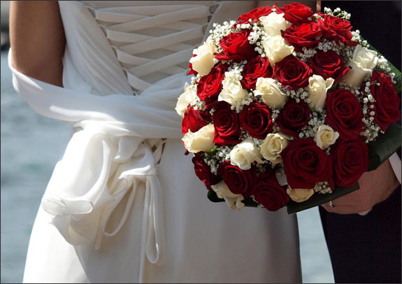 Breathtaking large red and white bouquet made out of roses and baby's breath