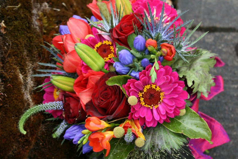 Bright almost neon colors used in this fun and cheerful wedding bouquet 