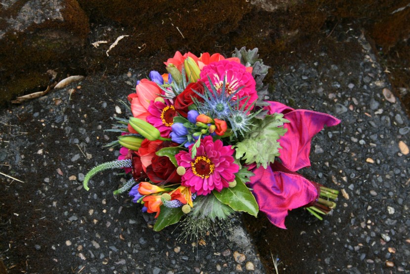 Bright almost neon colors used in this fun and cheerful wedding bouquet 