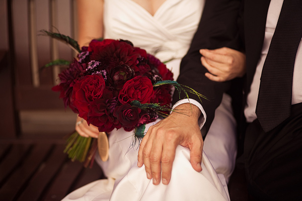 Loving this blood red bridal bouquet featured on a real vintage Art Deco 