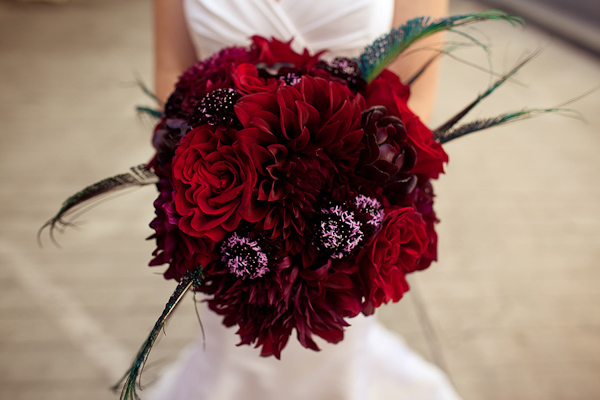 Loving this blood red bridal bouquet featured on a real vintage Art Deco