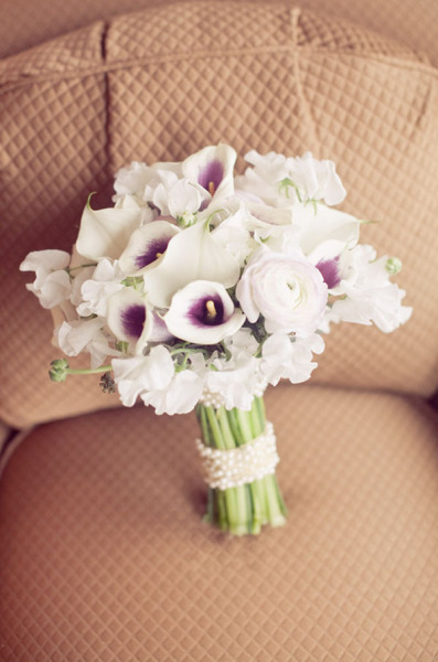 Stunning bouquet with gorgeous white callas with deep purple centres