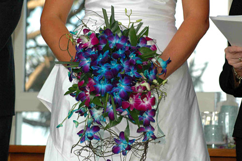 Gorgeous blue and purple bouquet featuring blue orchids created by Julia 