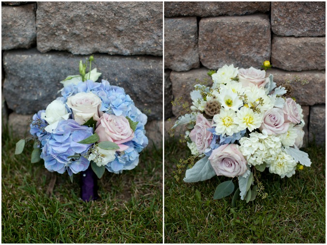 Bridesmaids bouquets mainly feature blue hydrangeas