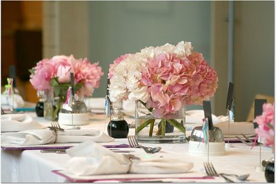 pink-white-hydrangea and peony centerpieces 