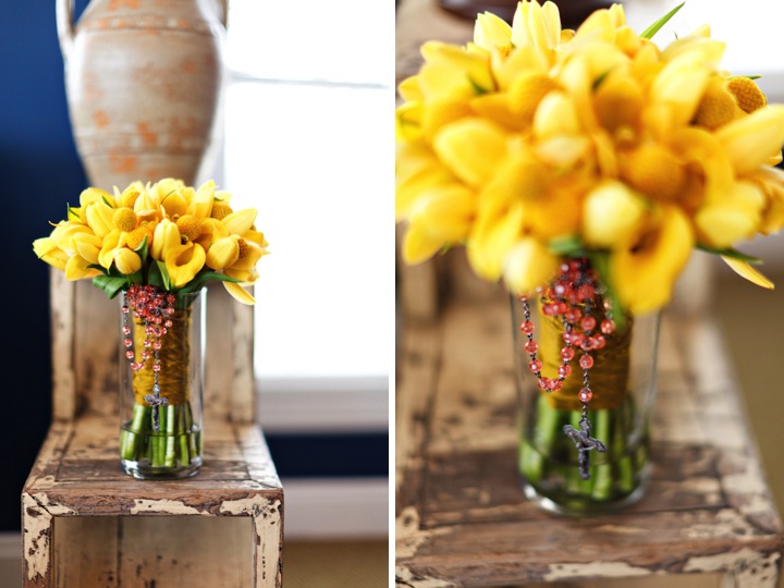 Stunning yellow bridal bouquet with tulips and craspedias from a modern