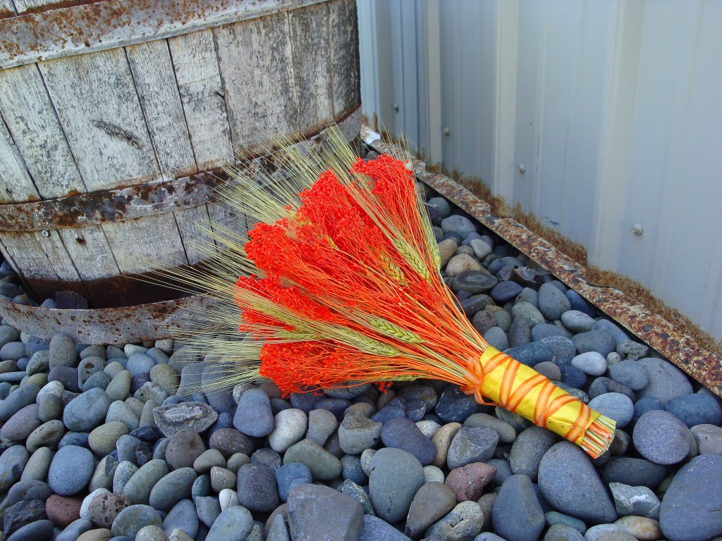 Dried, dyed, orange Babys Breath and dried Green Wheat boquet wedding