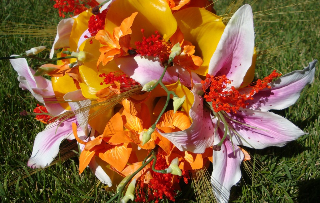 Dried, dyed, orange Babys Breath and dried Green Wheat bouquet