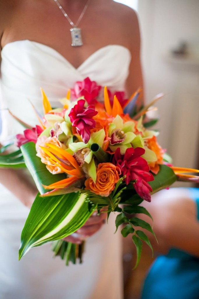 Brides Bouquet, cymbidium orchids, orange roses, birds of paradise, red ginger