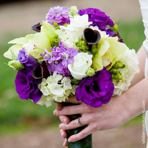Green hydrangea with purple lisianthus, plum calla lilies, lavender stock, white roses and green cymbidium orchids