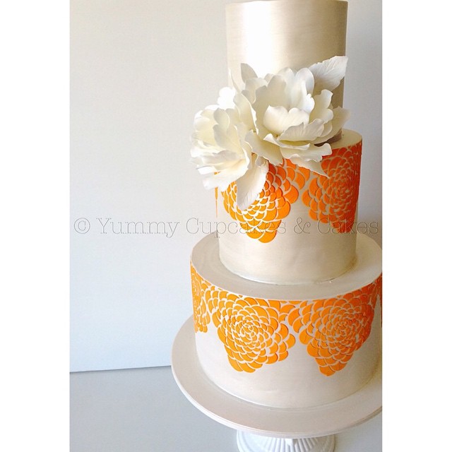 Orange Camellia Rose wedding cake
