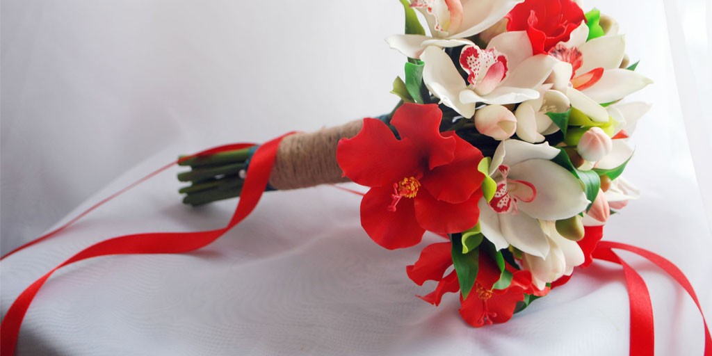 Red Hibiscus and White Orchid Brides Bouquet