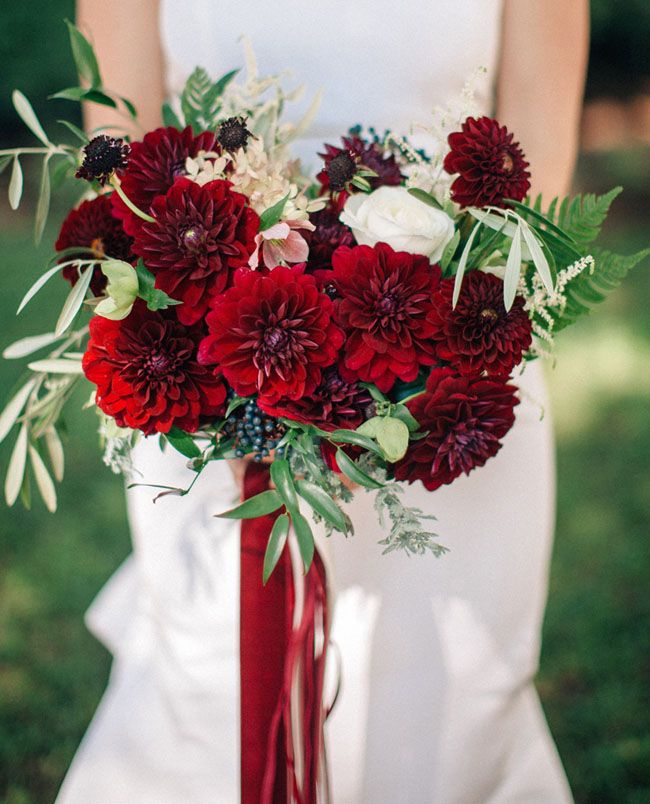 Red dahlia + olive branch bouquet