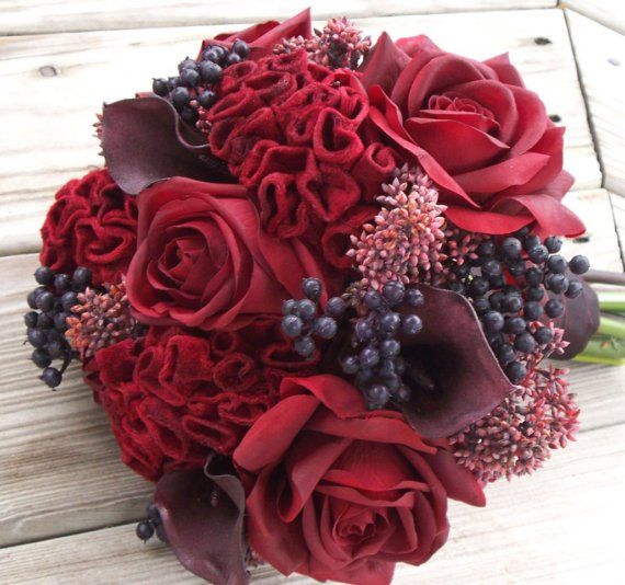 Red rose & coxcomb and berries bouquet