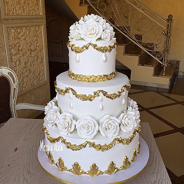 Traditional White and Gold Wedding Cake
