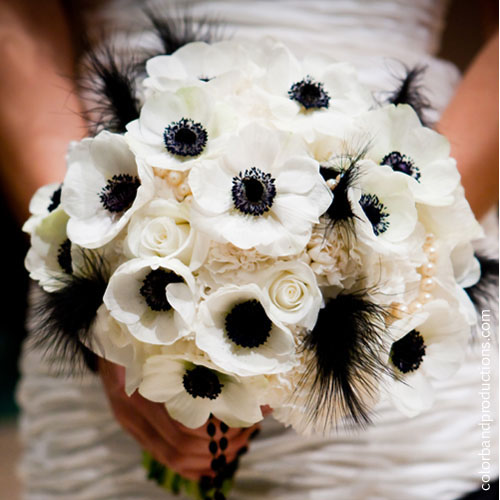 White anemones, roses, carnations and black ostrich feathers