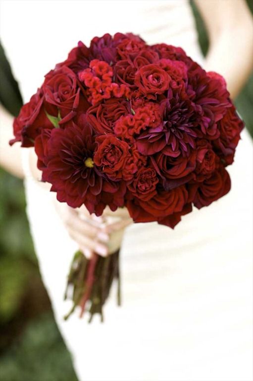 red bouquet - dahlias roses and coxcomb
