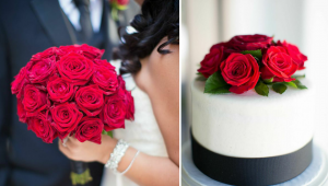 red roses boquet and wedding cake