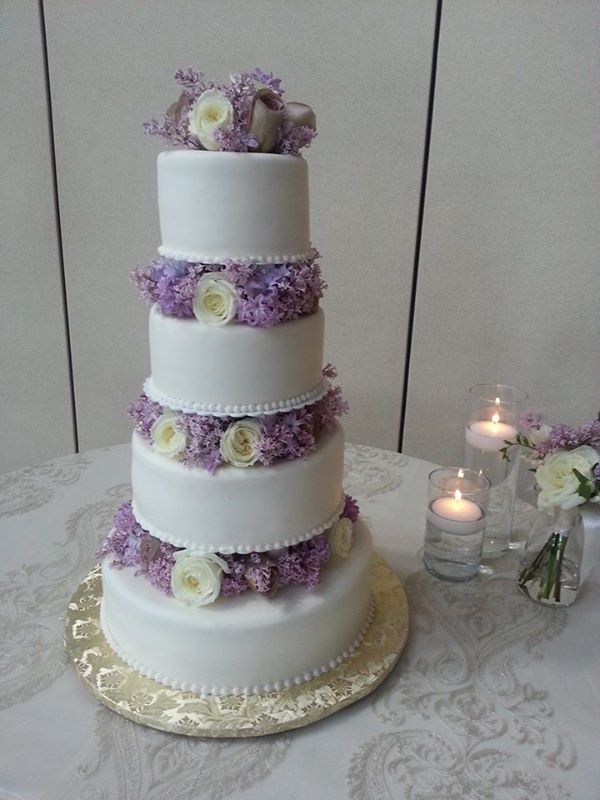 white and lavender wedding cake