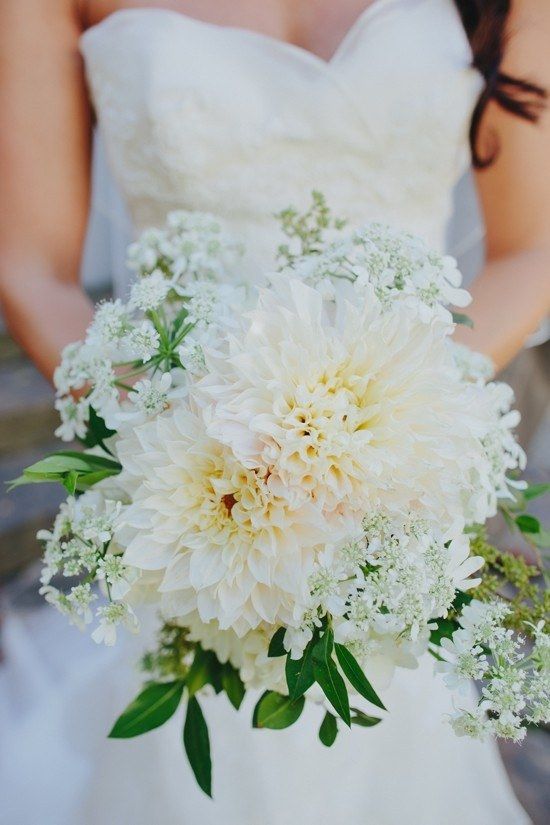 White dahlia wedding bouquet with baby's breath
