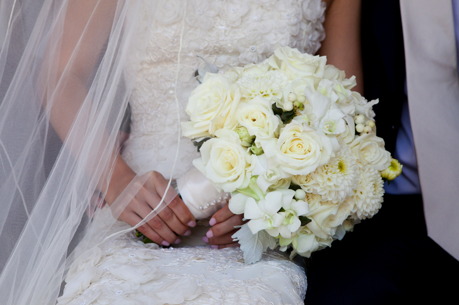 White roses and dahlias bouquet bride