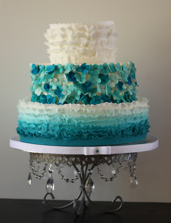 teal ruffle wedding cake