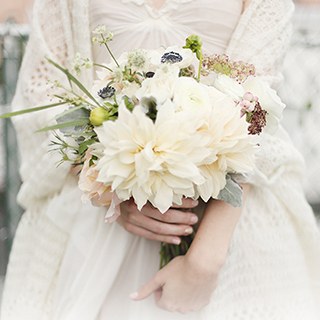 white dahlias and anemone bouquet