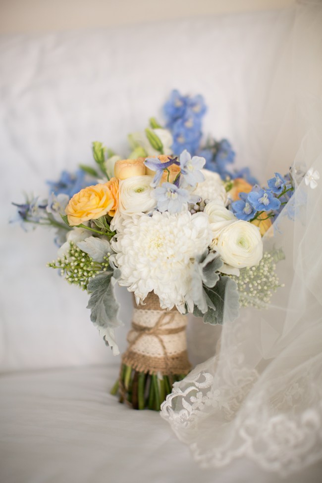 white yellow and blue bride bouquet