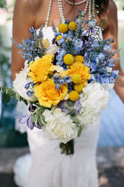 yellow roses, delphinium, billy balls and lavender