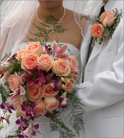 Peach Roses and Pink Lilies