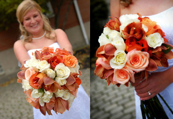 white orange roses orchids bouquet