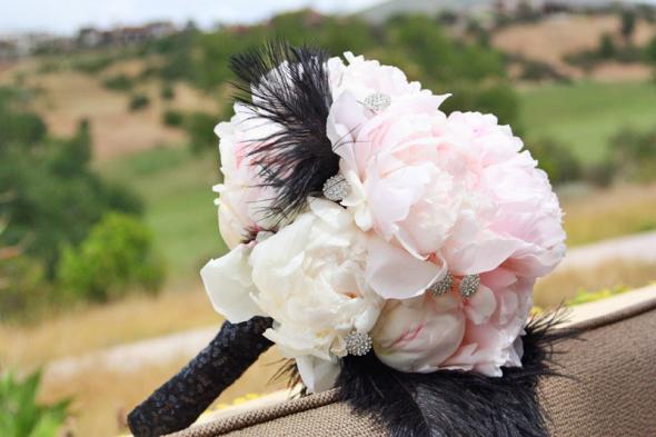 pink peonies and black feathers