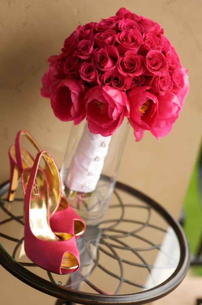 pink bouquet and pink wedding shoes