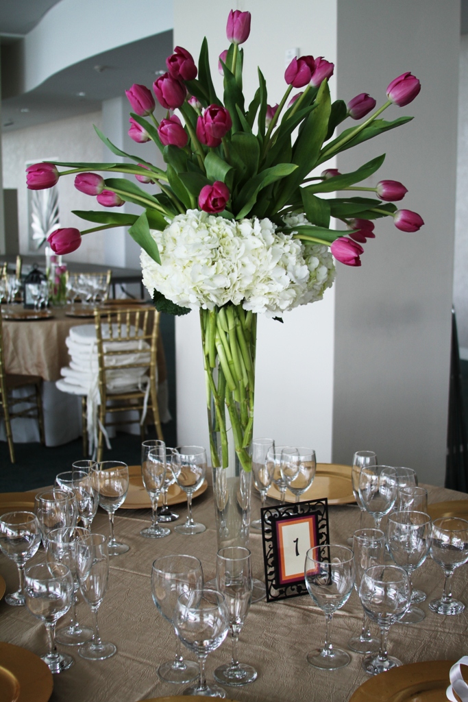 white-hydrangea-purple-tulips-Centerpieces - Bouquet Wedding Flower