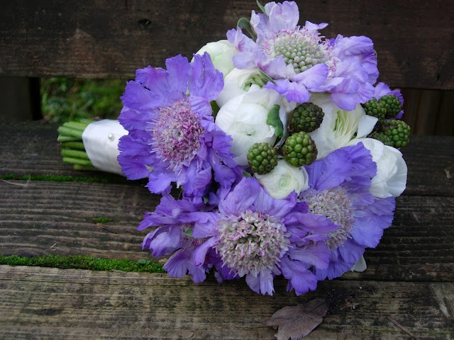 Scabiosa, White Ranunculus and Raspberry Bouquet