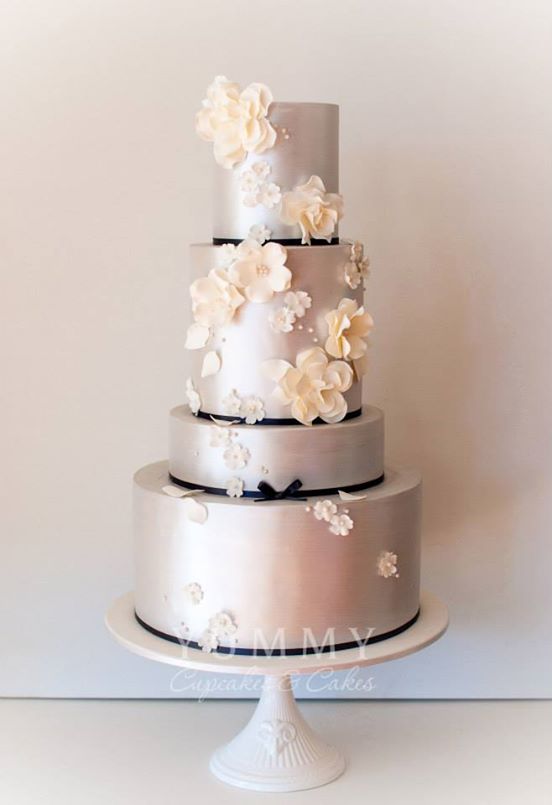 A silver black and white wedding cake