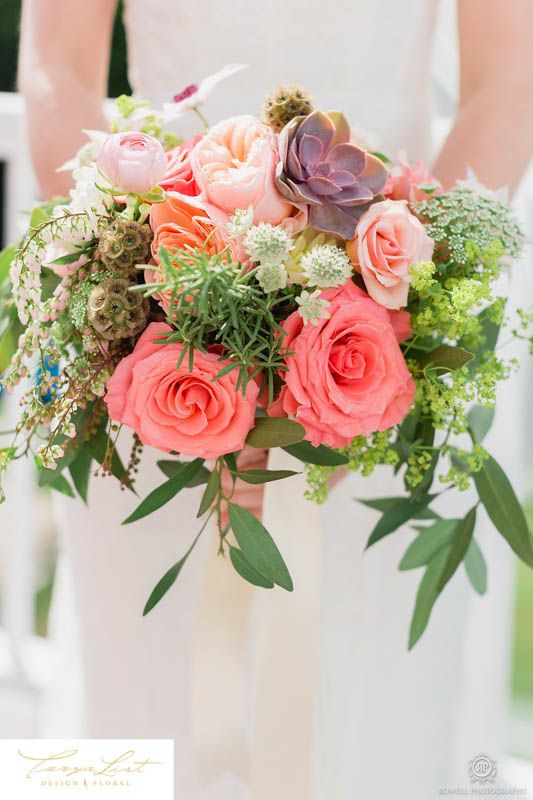 Bouquets of succulents, coral roses, clematis, scabiosa butterball, bay leaf and peach juliet garden roses