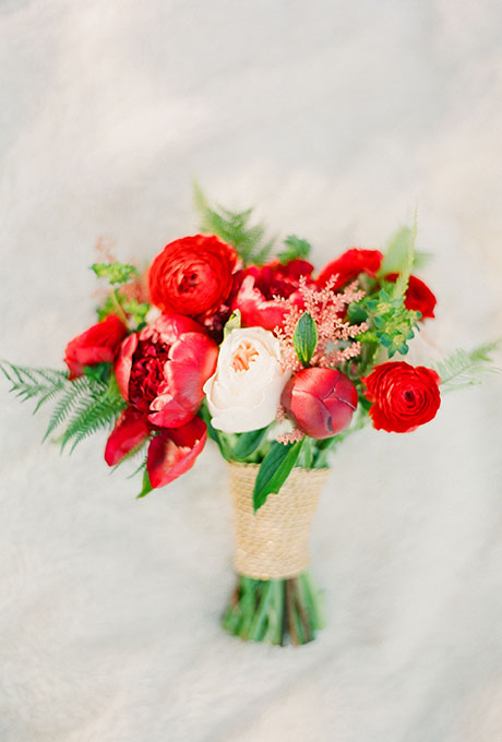 Red Bouquet of peonies and ranunculus