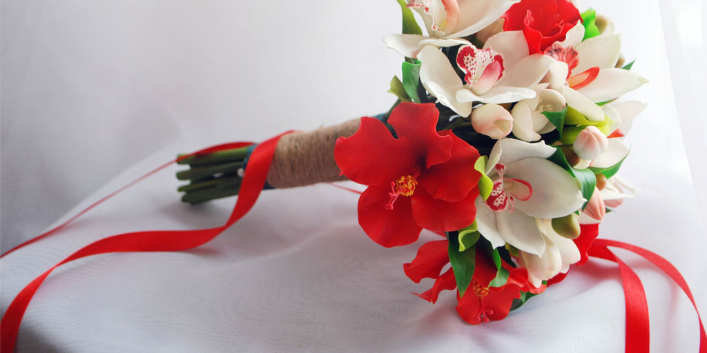 Red Hibiscus and White Orchid Brides Bouquet