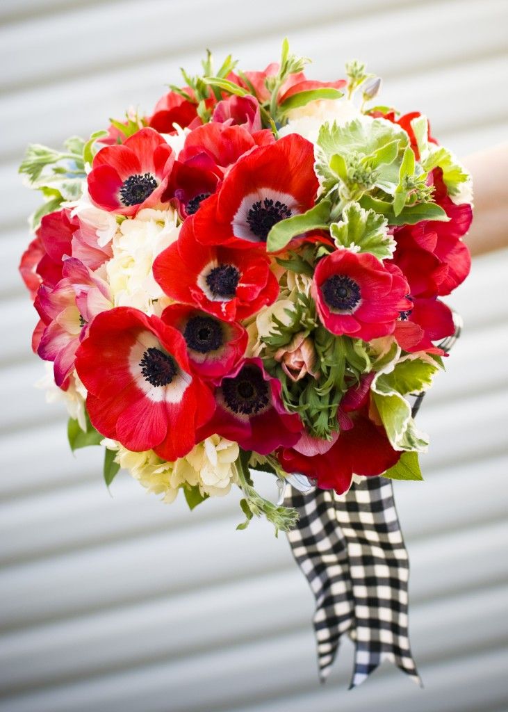 Red Poppies, Hydrangea, and Foliage Bouquet