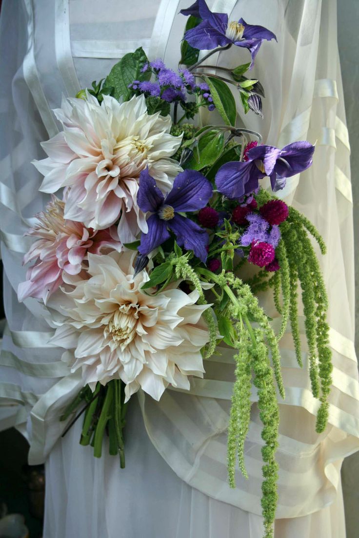 White Dahlias and Purple Clematic Bouquet